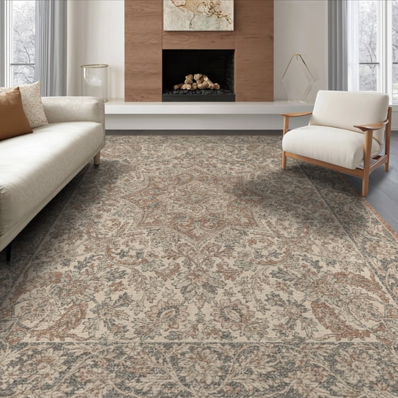 ODIKA 8'x10' Washable Area Rug Non-Slip Chair-Friendly Mat Boho Border Extra Featuring Motif Styling Large Dining Tapis for Room, Office, Lounge