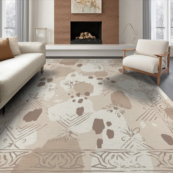 ODIKA 8'x10' Washable Area Rug Non-Slip Chair-Friendly Mat Boho Cream Scattered Freeform Neutral Abstract Printed Beige for Dining Room, Large Office, Lounge