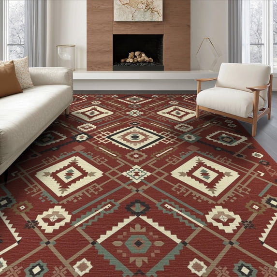 ODIKA 8'x10' Washable Area Rug Non-Slip Chair-Friendly Mat Boho Interlocking Diamond Grid Design With Classic Corner Motifs for Dining Room, Large Office, Lounge