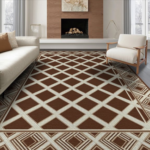 ODIKA 8'x10' Washable Area Rug Non-Slip Chair-Friendly Mat Boho Minimalist Farmhouse Lattice Neutral Large Geometric Trellis Refined for Dining Room, Office, Lounge