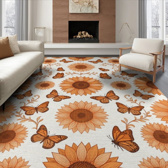 ODIKA 8'x10' Washable Area Rug Non-Slip Chair-Friendly Mat Boho Vintage Butterfly Sunflower Motifs Bedside Vinyl Orange Refined Structured for Dining Room, Large Office, Lounge