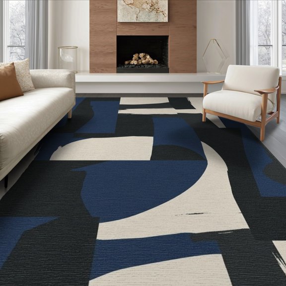 ODIKA 8'x10' Washable Area Rug Non-Slip Chair-Friendly Mat Brushstroke Asymmetric Blocks Pile Interlocking Navy Abstract Large Playful for Dining Room, Office, Lounge