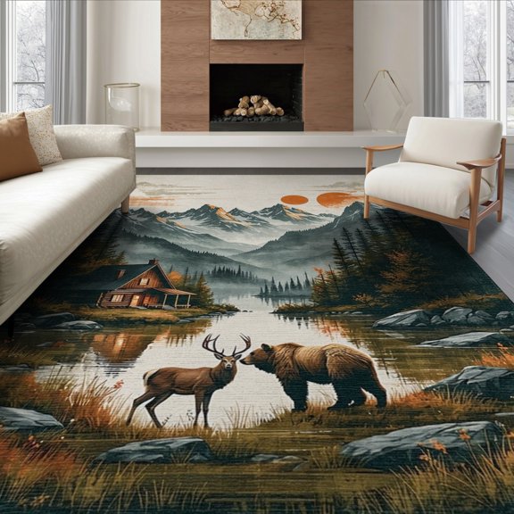 ODIKA 8'x10' Washable Area Rug Non-Slip Chair-Friendly Mat Cabin Landscape Forest Wildlife Wilderness Motif Border Vintage for Dining Room, Large Office, Lounge