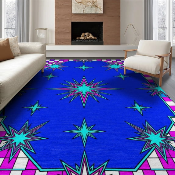 ODIKA 8'x10' Washable Area Rug Non-Slip Chair-Friendly Mat Cartoon Graphic Y2k Aesthetic Checkerboard Motif Funky Refined Structured for Dining Room, Large Office, Lounge