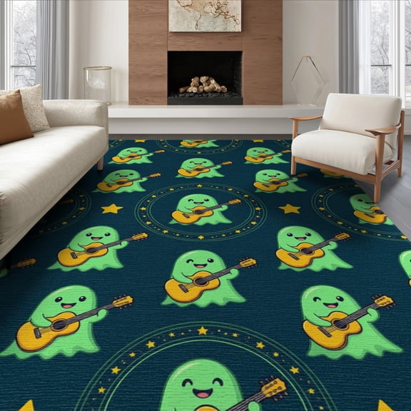 ODIKA 8'x10' Washable Area Rug Non-Slip Chair-Friendly Mat Cartoon Halloween Motif Starry Border Kawaii Faces Ghost Guitar Refined for Dining Room, Large Office, Lounge