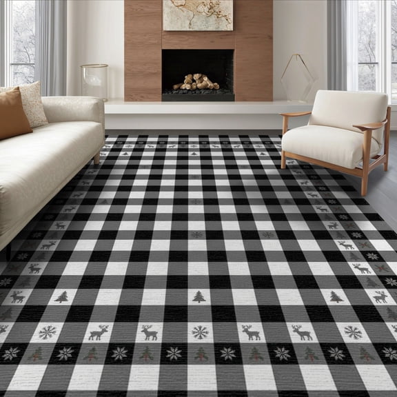 ODIKA 8'x10' Washable Area Rug Non-Slip Chair-Friendly Mat Checkered Bold Border Doormat Layering Front Under Plaid Large Playful for Dining Room, Office, Lounge
