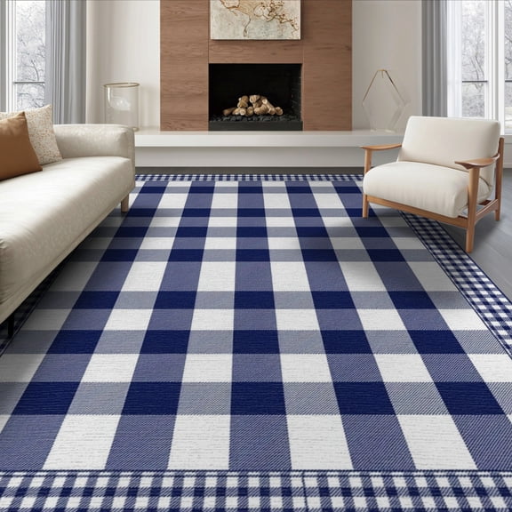 ODIKA 8'x10' Washable Area Rug Non-Slip Chair-Friendly Mat Checkered Front Grid Bordered Farmhouse Tartan Layout Layering Plaid Flowing for Dining Room, Large Office, Lounge