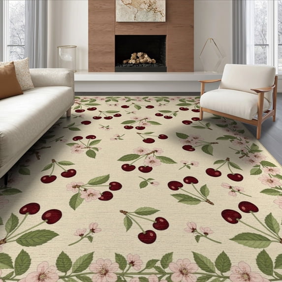 ODIKA 8'x10' Washable Area Rug Non-Slip Chair-Friendly Mat Cherry Fruit Sprigs Flower Border Flowers Door Clusters Cherries Flowing Dynamic for Dining Room, Large Office, Lounge