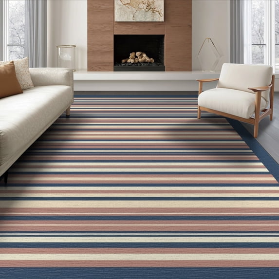 ODIKA 8'x10' Washable Area Rug Non-Slip Chair-Friendly Mat Chindi Knit Striped Boho Farmhouse Bordered Stripes Multi Rag Flowing Dynamic for Dining Room, Large Office, Lounge