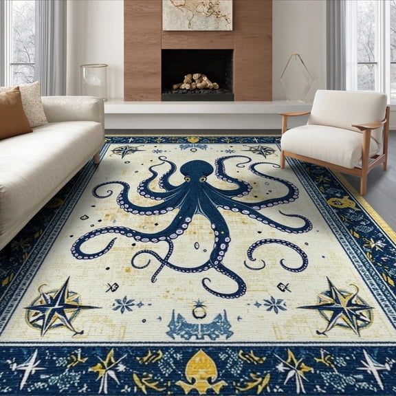 ODIKA 8'x10' Washable Area Rug Non-Slip Chair-Friendly Mat Circle Octopus Retro Tentacle Nautical Compass Border Wave Vintage for Dining Room, Large Office, Lounge
