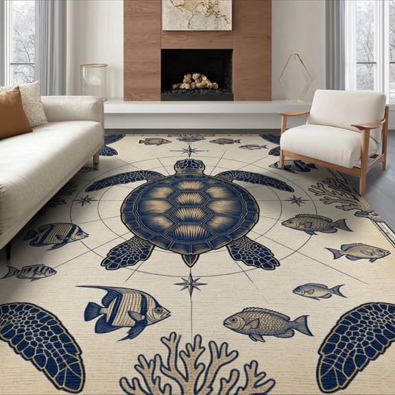 ODIKA 8'x10' Washable Area Rug Non-Slip Chair-Friendly Mat Compass Map Reef Ocean Coral Border Vintage Wave Turtle Nautical Refined for Dining Room, Large Office, Lounge