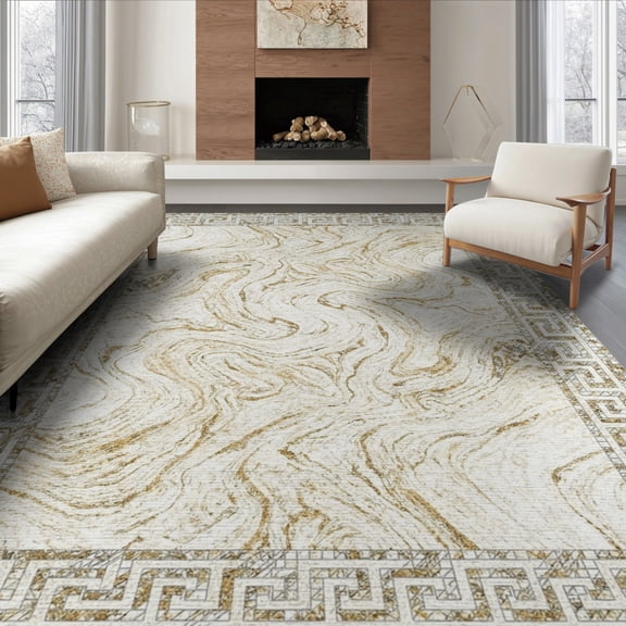 ODIKA 8'x10' Washable Area Rug Non-Slip Chair-Friendly Mat Cream Greek Key Border Veined Mosaic Designer Sculptures Abstract Flowing for Dining Room, Large Office, Lounge