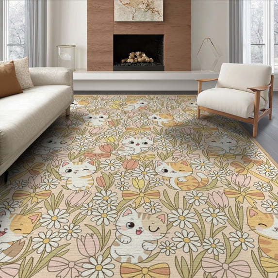 ODIKA 8'x10' Washable Area Rug Non-Slip Chair-Friendly Mat Cute Cartoon Kittens Ribbon Bows Blooming Flower Border Boho Flowing Dynamic for Dining Room, Large Office, Lounge