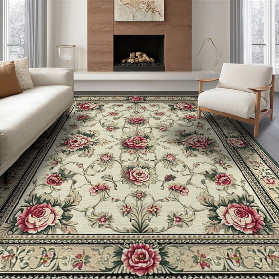 ODIKA 8'x10' Washable Area Rug Non-Slip Chair-Friendly Mat Dark Green Cream Vinyl Vintage Damask Floral Artwork with Ornamental Scrolls for Dining Room, Large Office, Lounge