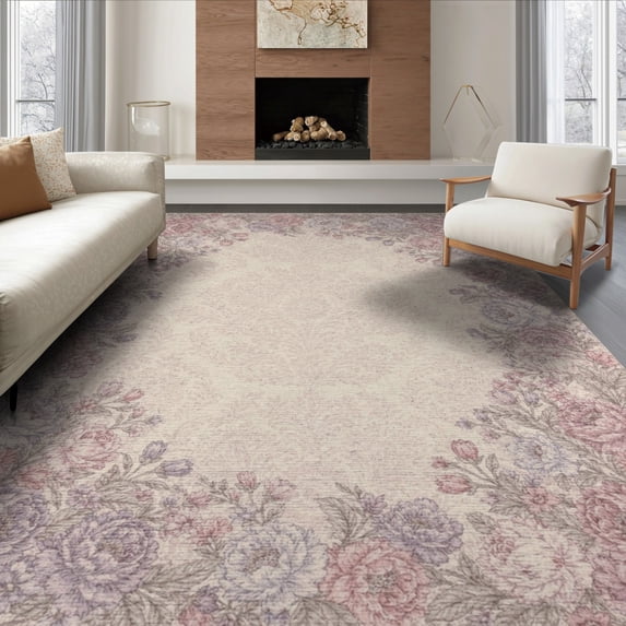 ODIKA 8'x10' Washable Area Rug Non-Slip Chair-Friendly Mat Distressed Botanical Toile Faded Damask Ornate Scrolling Vintage Flowing Dynamic for Dining Room, Large Office, Lounge