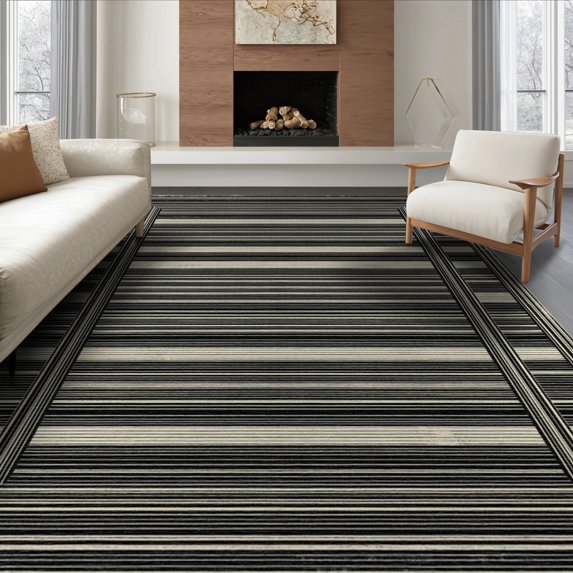 ODIKA 8'x10' Washable Area Rug Non-Slip Chair-Friendly Mat Distressed Ticking Lines Border Doormat Farmhouse Striped Boho Refined for Dining Room, Large Office, Lounge