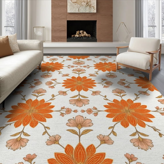 ODIKA 8'x10' Washable Area Rug Non-Slip Chair-Friendly Mat Distressed Trailing Vintage Vine Motif Botanical Orange Boho Refined Structured for Dining Room, Large Office, Lounge