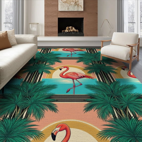 ODIKA 8'x10' Washable Area Rug Non-Slip Chair-Friendly Mat Door Arch Striped Border Pcs Motif Boho Botanical Welcome Retro Refined for Dining Room, Large Office, Lounge