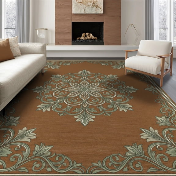 ODIKA 8'x10' Washable Area Rug Non-Slip Chair-Friendly Mat Entry Distressed Way Ornamental Symmetrical Border Classroom for Dining Room, Large Office, Lounge