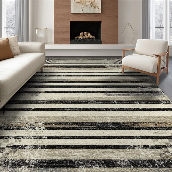 ODIKA 8'x10' Washable Area Rug Non-Slip Chair-Friendly Mat Entryway Faded Horizontal Stripe Weathered Block Bahroom Bathroom for Dining Room, Large Office, Lounge