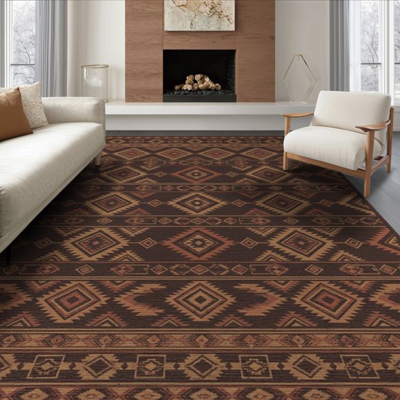 ODIKA 8'x10' Washable Area Rug Non-Slip Chair-Friendly Mat Faded Southwestern Distressed Ornate Border Hallway Boho Vintage Playful for Dining Room, Large Office, Lounge