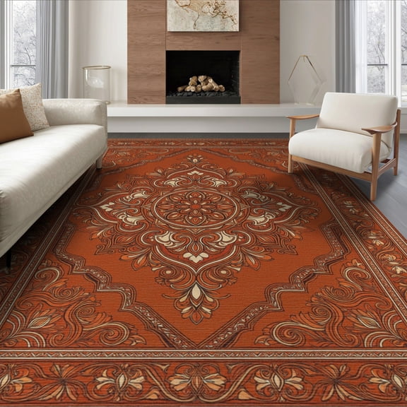 ODIKA 8'x10' Washable Area Rug Non-Slip Chair-Friendly Mat Fall Vintage Traditional Symmetrical Decorative Farmhouse Orange for Dining Room, Large Office, Lounge