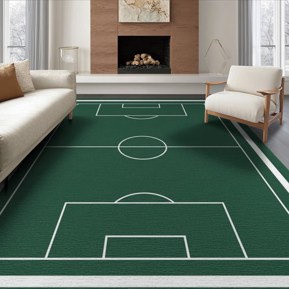 ODIKA 8'x10' Washable Area Rug Non-Slip Chair-Friendly Mat Field Bold Stripe Borders Center Circle Themed Doormat Door Soccer Playful for Dining Room, Large Office, Lounge