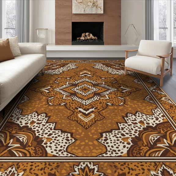 ODIKA 8'x10' Washable Area Rug Non-Slip Chair-Friendly Mat Flannel Cow Print Theme Irregular Motif Covering Fuzzy Artificial for Dining Room, Large Office, Lounge