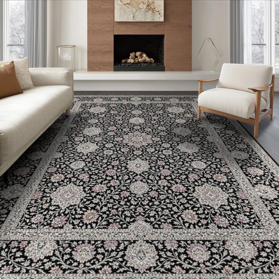 ODIKA 8'x10' Washable Area Rug Non-Slip Chair-Friendly Mat Foyer Densely Boho Repeating Blossoms Curling Vines Symmetrical for Dining Room, Large Office, Lounge