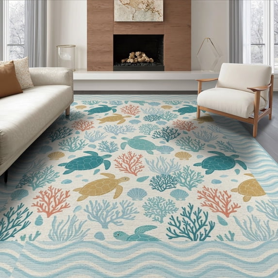ODIKA 8'x10' Washable Area Rug Non-Slip Chair-Friendly Mat Friendly Ocean Turtle Design With Coral Seashells Waves Border for Dining Room, Large Office, Lounge