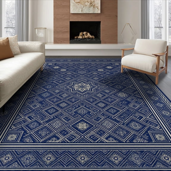 ODIKA 8'x10' Washable Area Rug Non-Slip Chair-Friendly Mat Front Symmetrical Door Chain Border Details Entrance Bedside for Dining Room, Large Office, Lounge