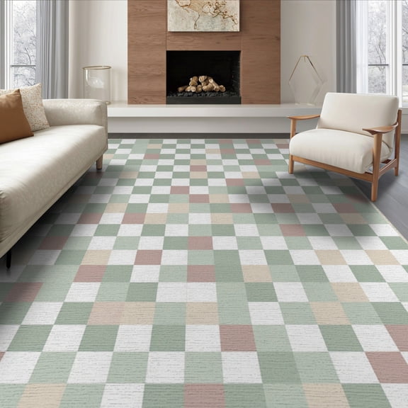 ODIKA 8'x10' Washable Area Rug Non-Slip Chair-Friendly Mat Fuzzy Funky Retro Checkered Alternating Abstract Artwork Checkerboard for Dining Room, Large Office, Lounge