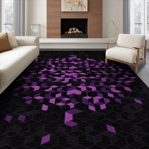 ODIKA 8'x10' Washable Area Rug Non-Slip Chair-Friendly Mat Game Room Cube Motif Honeycomb Illusion Contemporary Design Accent for Dining Large Office, Lounge