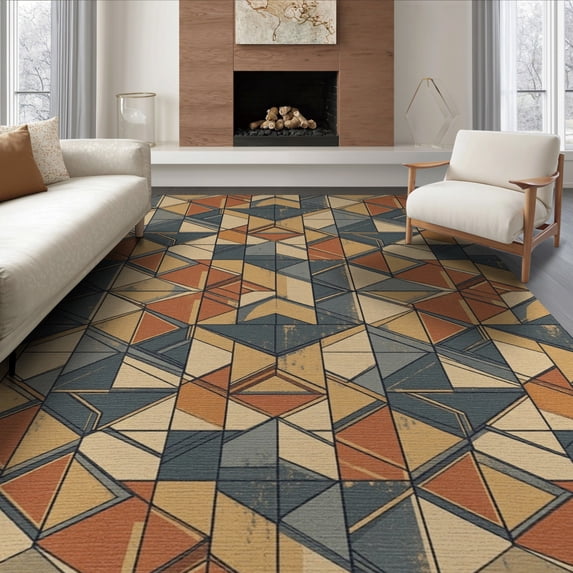 ODIKA 8'x10' Washable Area Rug Non-Slip Chair-Friendly Mat Geometric Interlocking Pour Block Motif Weathered Abstract Contemporary for Dining Room, Large Office, Lounge
