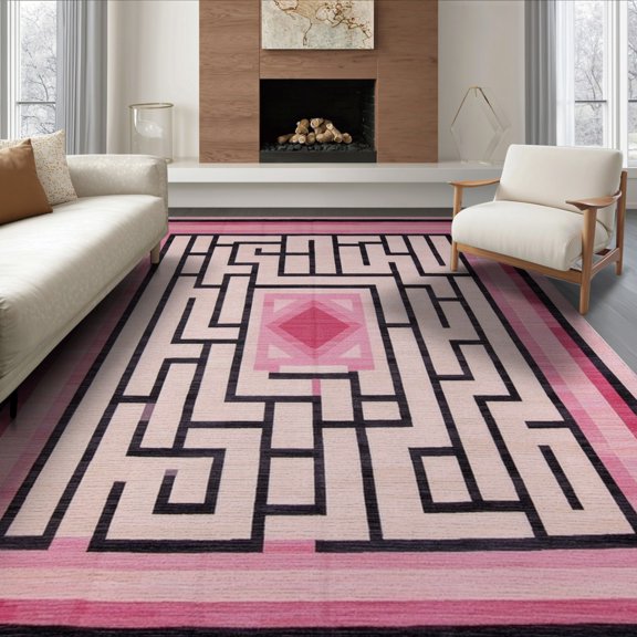 ODIKA 8'x10' Washable Area Rug Non-Slip Chair-Friendly Mat Geometric Modern Abstract Maze With Interlocking Diamond Grid Motif for Dining Room, Large Office, Lounge