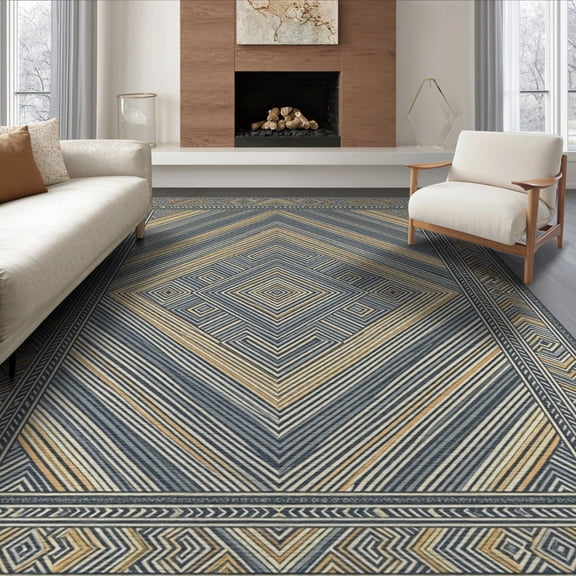 ODIKA 8'x10' Washable Area Rug Non-Slip Chair-Friendly Mat Geometric Symmetrical Repeating Bands Decorative Border Herringbone for Dining Room, Large Office, Lounge