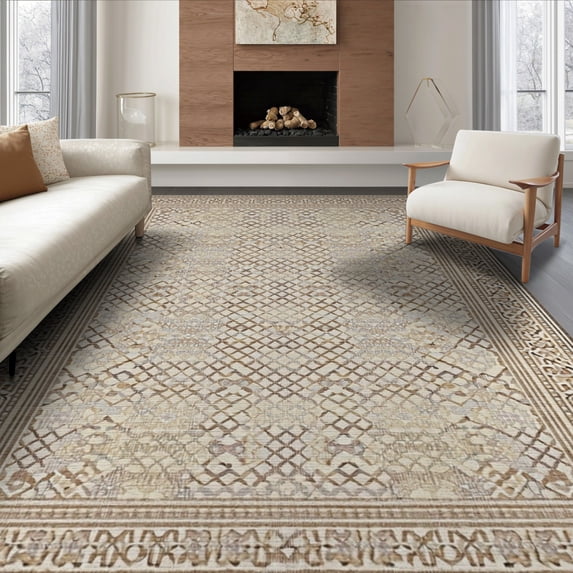 ODIKA 8'x10' Washable Area Rug Non-Slip Chair-Friendly Mat Geometric Trellis Boho Minimalist Farmhouse Lattice Neutral Large for Dining Room, Office, Lounge
