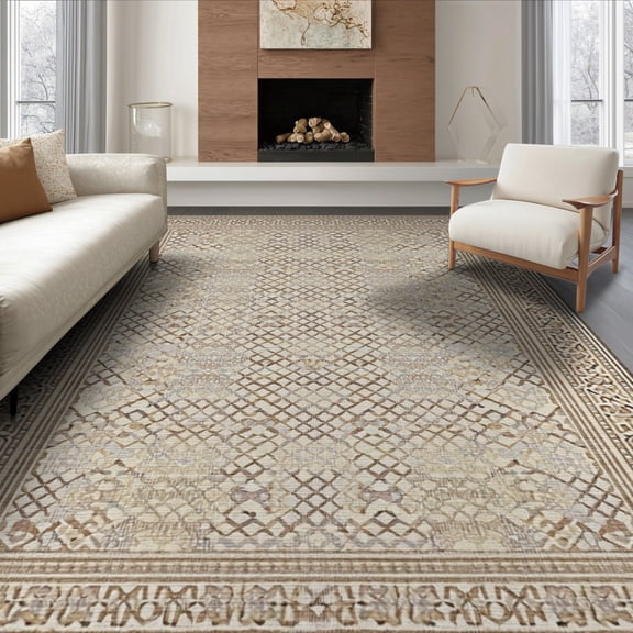 ODIKA 8'x10' Washable Area Rug Non-Slip Chair-Friendly Mat Geometric Trellis Boho Minimalist Farmhouse Lattice Neutral Large for Dining Room, Office, Lounge