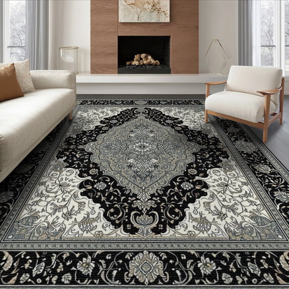 ODIKA 8'x10' Washable Area Rug Non-Slip Chair-Friendly Mat Gothic Distressed Baroque Medallion With Ornate Arch Filigree for Dining Room, Large Office, Lounge