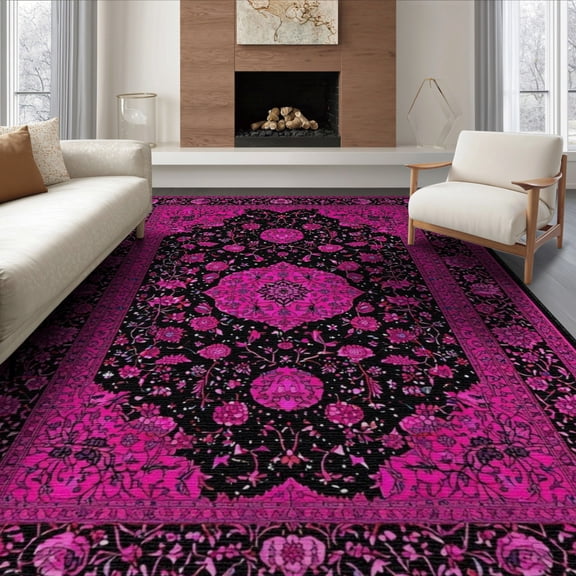 ODIKA 8'x10' Washable Area Rug Non-Slip Chair-Friendly Mat Gothic Pink Motifs Whimsical Stars Moons Vintage Purple Flower for Dining Room, Large Office, Lounge