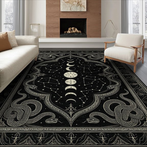 ODIKA 8'x10' Washable Area Rug Non-Slip Chair-Friendly Mat Gothic Snake Astronomy Cosmic Map Divination Mushroom Runway for Dining Room, Large Office, Lounge