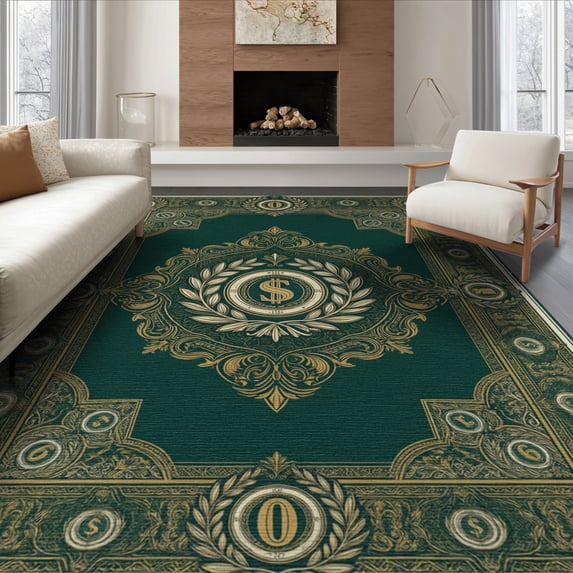 ODIKA 8'x10' Washable Area Rug Non-Slip Chair-Friendly Mat Graphic Seal Men Laurel Border Statement Funky Bathroom Designer for Dining Room, Large Office, Lounge