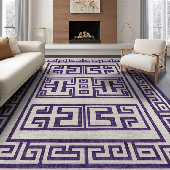 ODIKA 8'x10' Washable Area Rug Non-Slip Chair-Friendly Mat Greece Greek Key Meander Stripe Interlocking Bands Border Maze for Dining Room, Large Office, Lounge