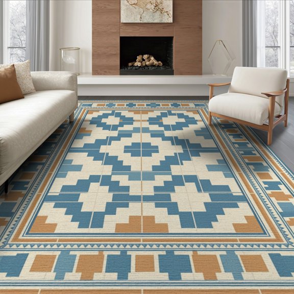ODIKA 8'x10' Washable Area Rug Non-Slip Chair-Friendly Mat Grey Block Tan Symmetrical Alfombras Decorative Para Salas Mediterranean for Dining Room, Large Office, Lounge