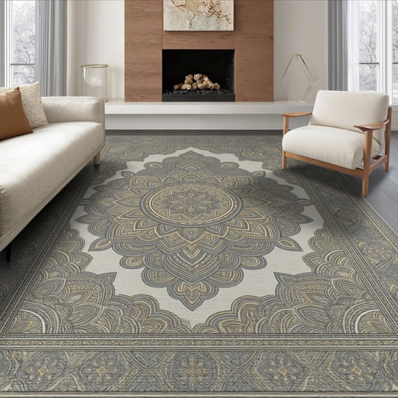 ODIKA 8'x10' Washable Area Rug Non-Slip Chair-Friendly Mat Grey Delicate Transitional Worn Effect Geometric Under for Dining Room, Large Office, Lounge