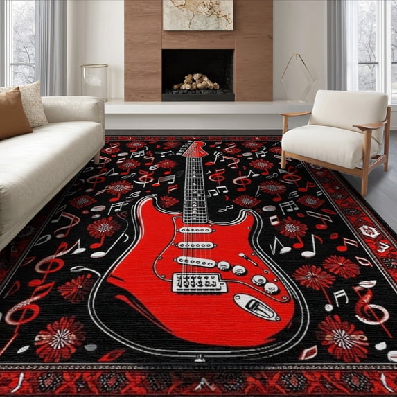 ODIKA 8'x10' Washable Area Rug Non-Slip Chair-Friendly Mat Guitar Music Rock Notes Treble Clef Border Record Vinyl Themed for Dining Room, Large Office, Lounge