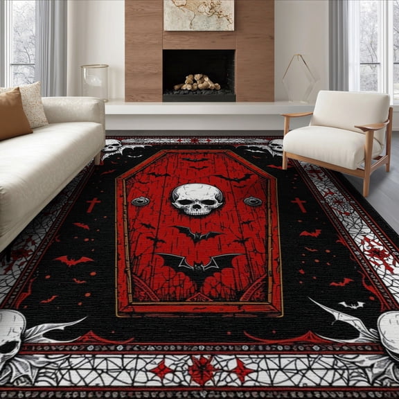 ODIKA 8'x10' Washable Area Rug Non-Slip Chair-Friendly Mat Halloween Gothic Coffin Skull Bat Web Cross Decorations Horror for Dining Room, Large Office, Lounge