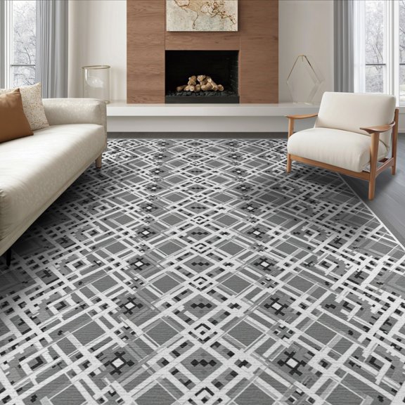 ODIKA 8'x10' Washable Area Rug Non-Slip Chair-Friendly Mat Hallway Abstract Angular Motif Repeating Symmetrical Layout for Dining Room, Large Office, Lounge