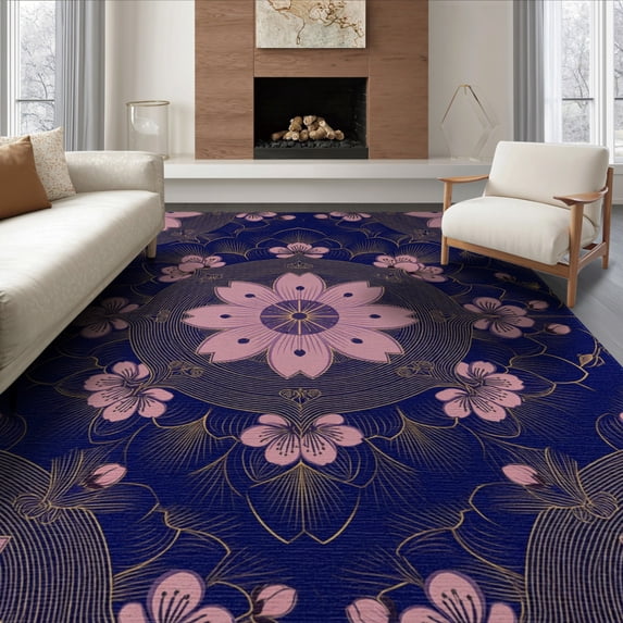 ODIKA 8'x10' Washable Area Rug Non-Slip Chair-Friendly Mat Japanese Cherry Concentric Border Petal Tufted Chinese Asian for Dining Room, Large Office, Lounge