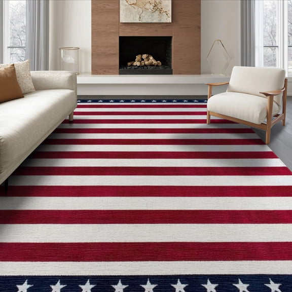 ODIKA 8'x10' Washable Area Rug Non-Slip Chair-Friendly Mat July Patriotic Stars Stripes Independence Fourth Reinforced Flannel for Dining Room, Large Office, Lounge